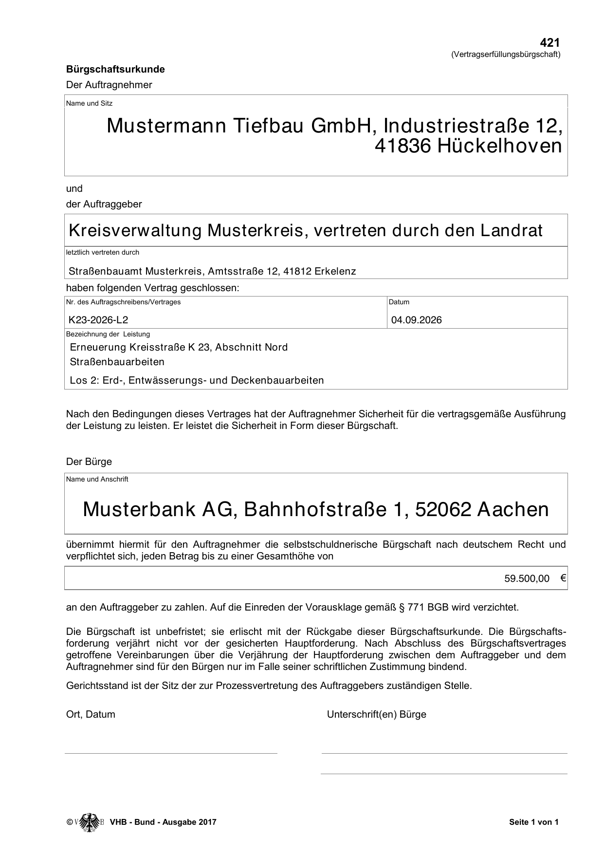 Das Formblatt mit Beispielwerten ausgefüllt