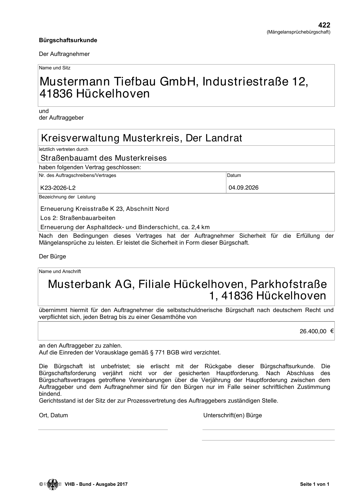 Das Formblatt mit Beispielwerten ausgefüllt
