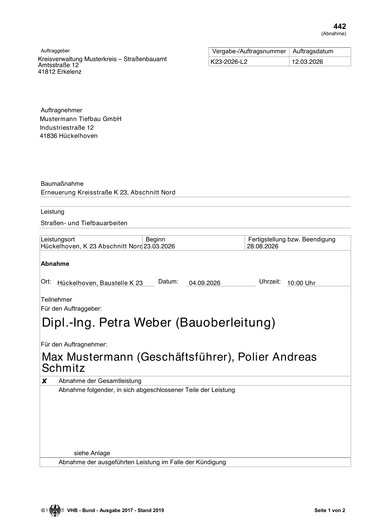 Das Formblatt mit Beispielwerten ausgefüllt