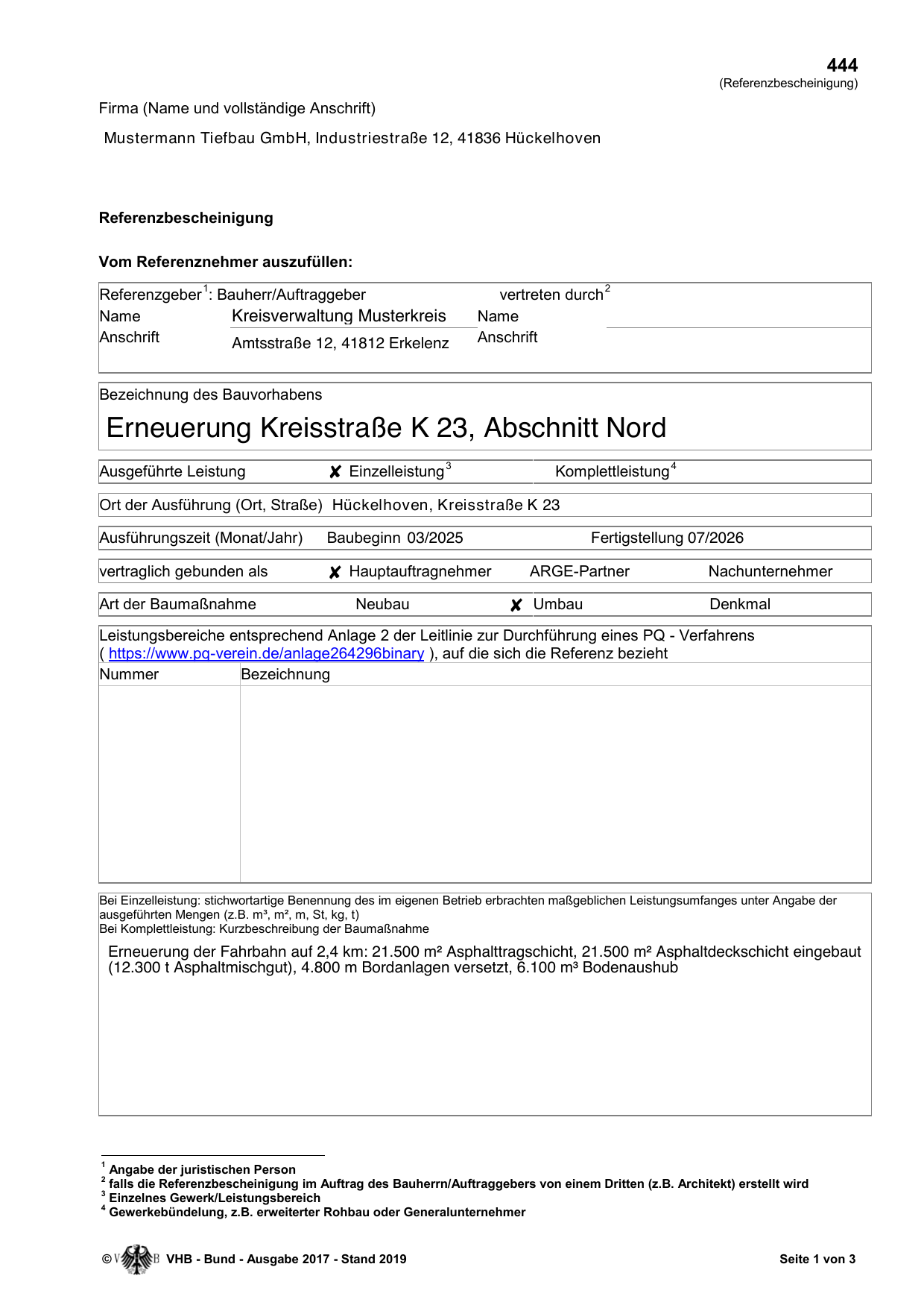 Das Formblatt mit Beispielwerten ausgefüllt